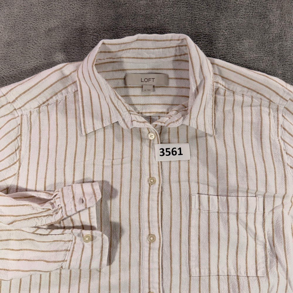 LOFT Button Down Shirt Women‎ Medium White Tan Striped Linen Blend Long Sleeve